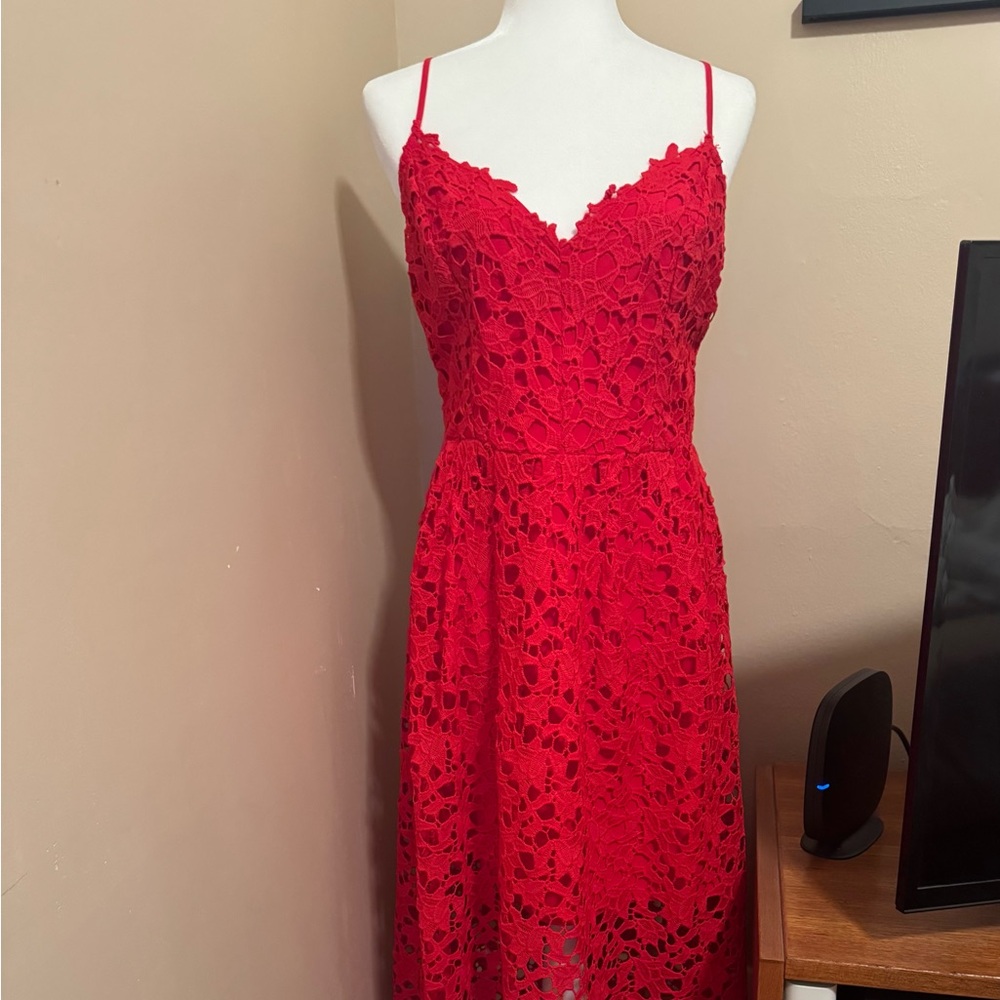Astr Red Lace Overlay Midi A-Line Dress